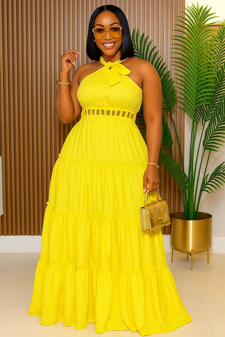 Ribbon Halter Neck Cutout Tiered Vacation Maxi Dresses-Yellow [Pre Order]