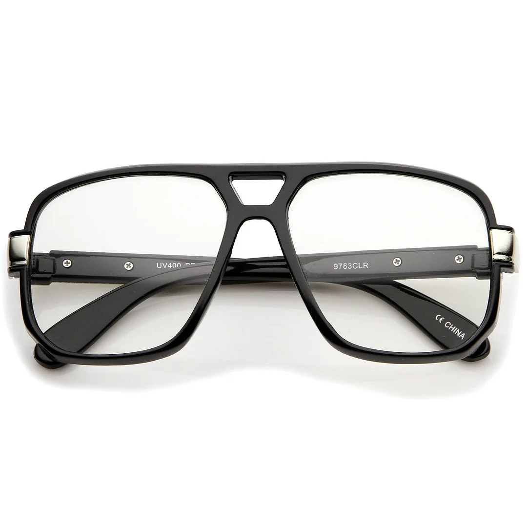 Classic Flat Top Metal Accented Temples Clear Lens Square Aviator Glasses 56mm