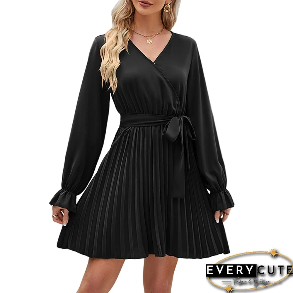 Black V Neck Long Sleeve Pleated Mini Dress with Belt
