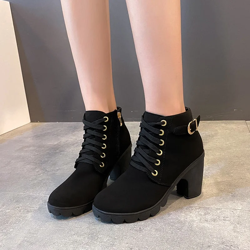 New Spring Winter Women Pumps Boots High Quality Lace-up European Ladies Shoes PU High Heels Boots Fast Delivery