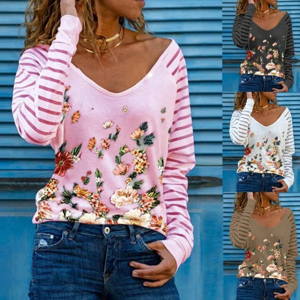 Spring and Summer New Fashion Striped Sleeve Flower Printed Casual Long Sleeve Sun Protection Soft and Comfortable T-shirt Loose Plus Size Lightweight Shirt Top S-3XL