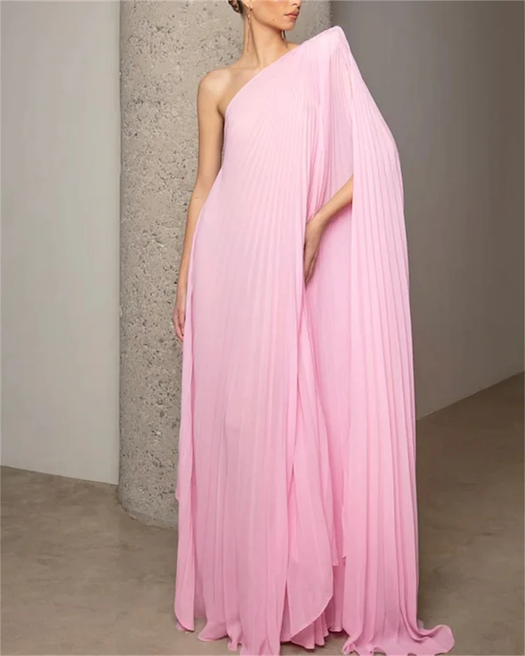 Women's Pink One Shoulder Sleeve Pleated Dress