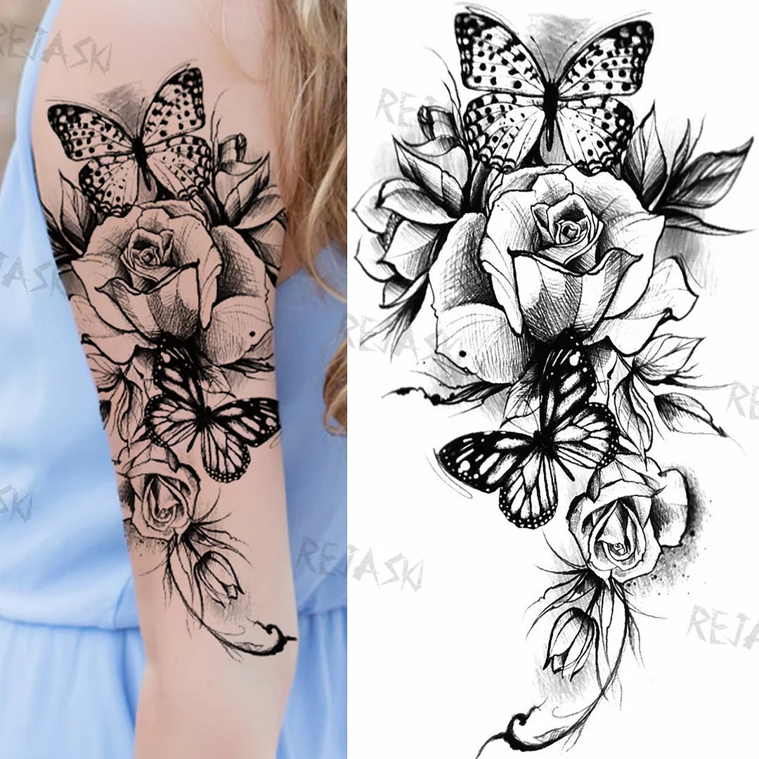 Sexy Snake Flower Fake Temporary Tattoo For Women Black Sunflower Tattoos Bloosom Big Daisy Camellia Water Transfer Tatoos Legs
