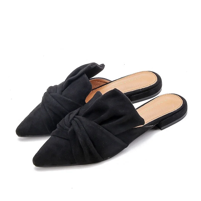 Elegant Ladies Mules Summer Women Slippers Flock Bow-knot Flats Fashion Pointed Toe Ladies Office Shoes Slides Woman Slipper