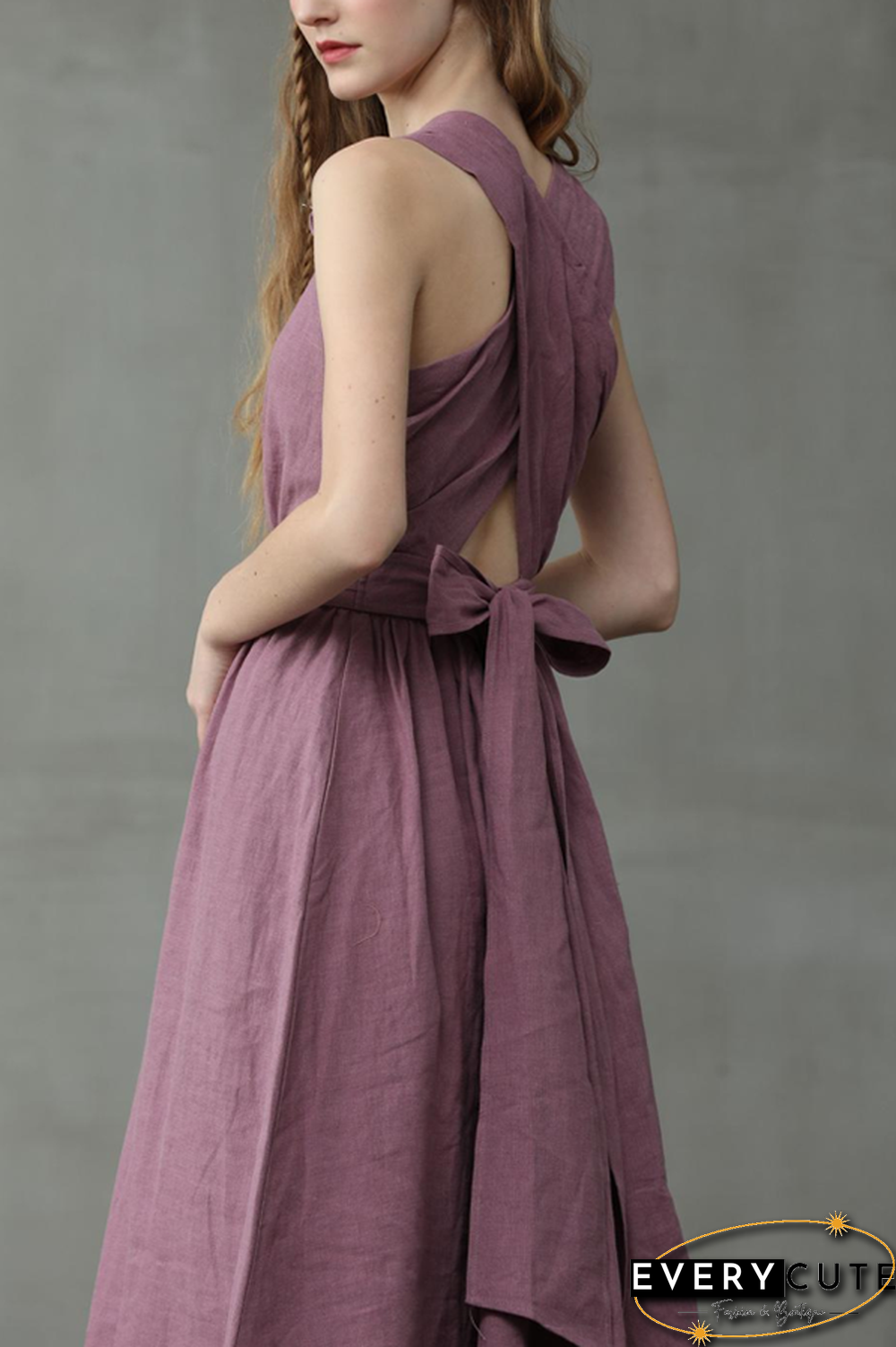 Cross Back O Neck Maxi Linen Dress