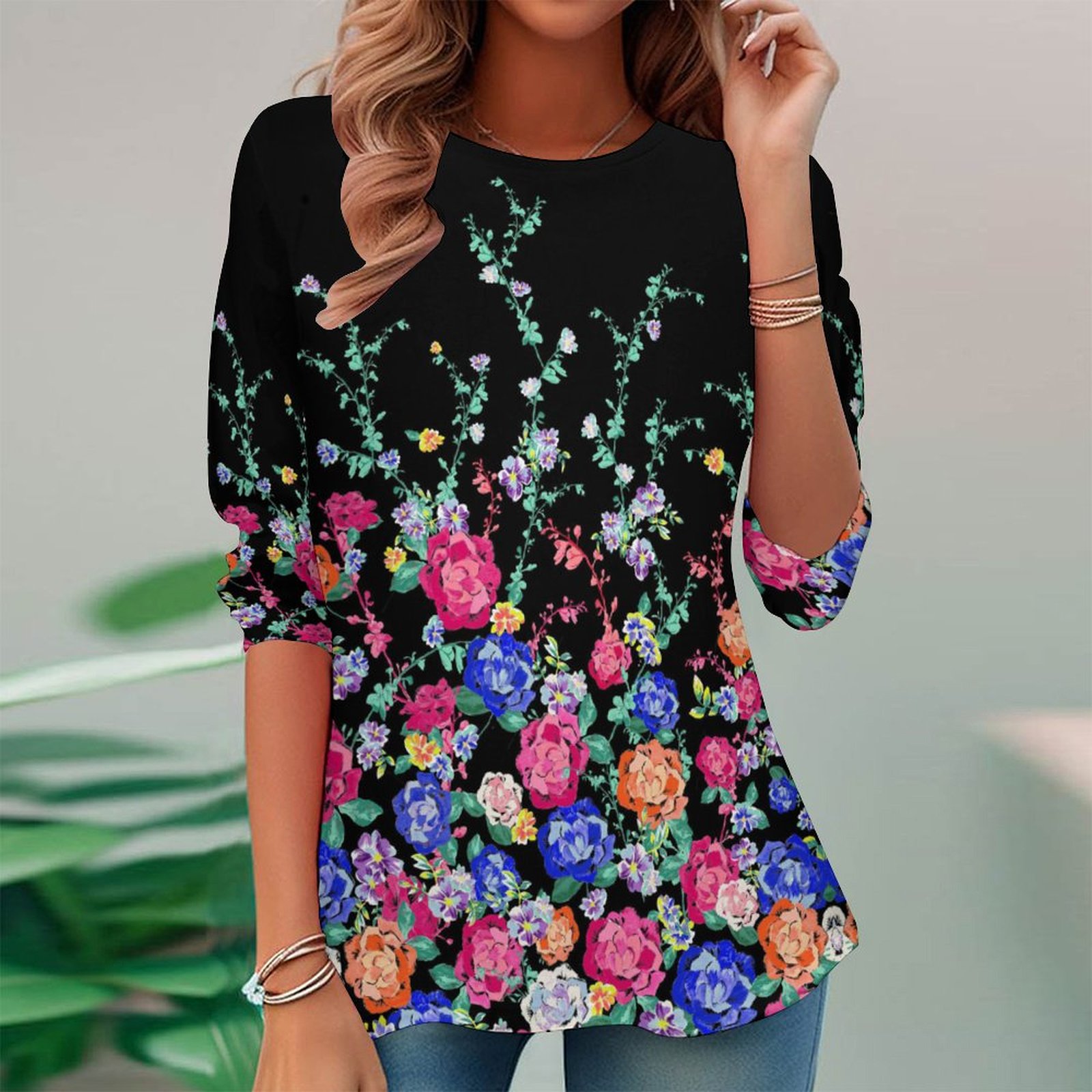 Women Long Sleeve V-neck Graphic Floral Printed Top
