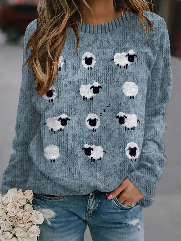 Women's Cute Plush Sheep Pattern Print Crew Neck Pullover