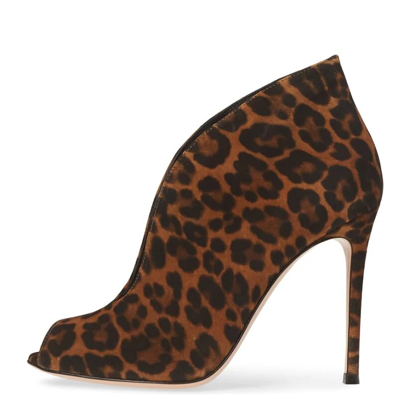 TAAFO Flock Leopard Pep Toe High Thin Heels Woman Open Vamp Booties Ankle Boots Ladies Stiletto Shoes