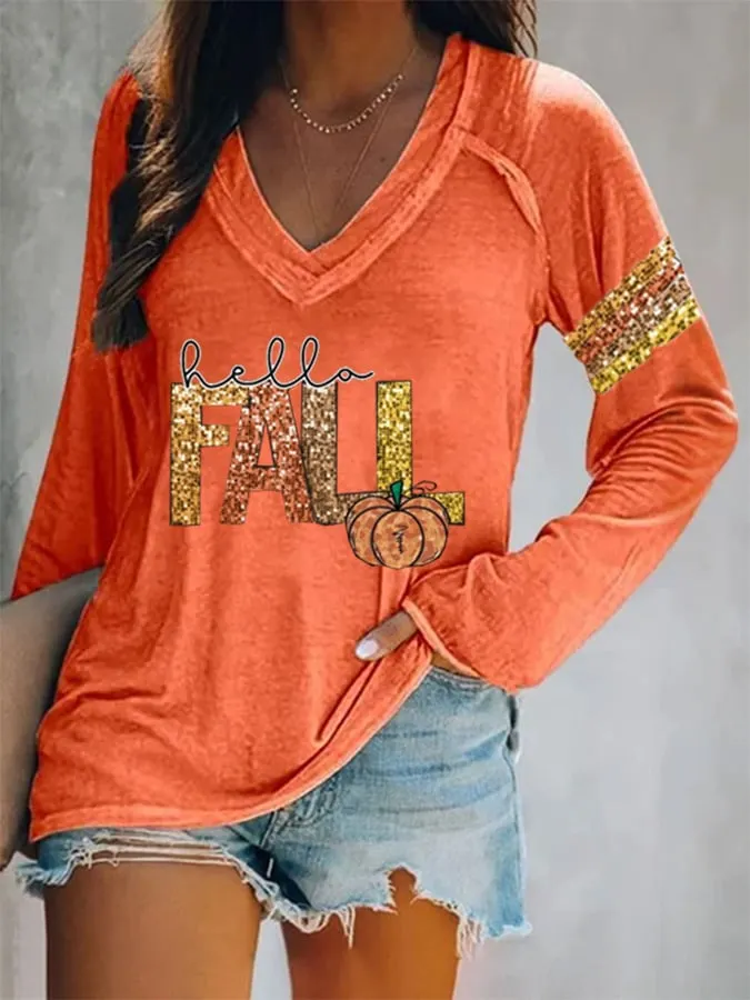 Women's Sequin Pumpkin Autumn Print V-Neck T-Shirt 