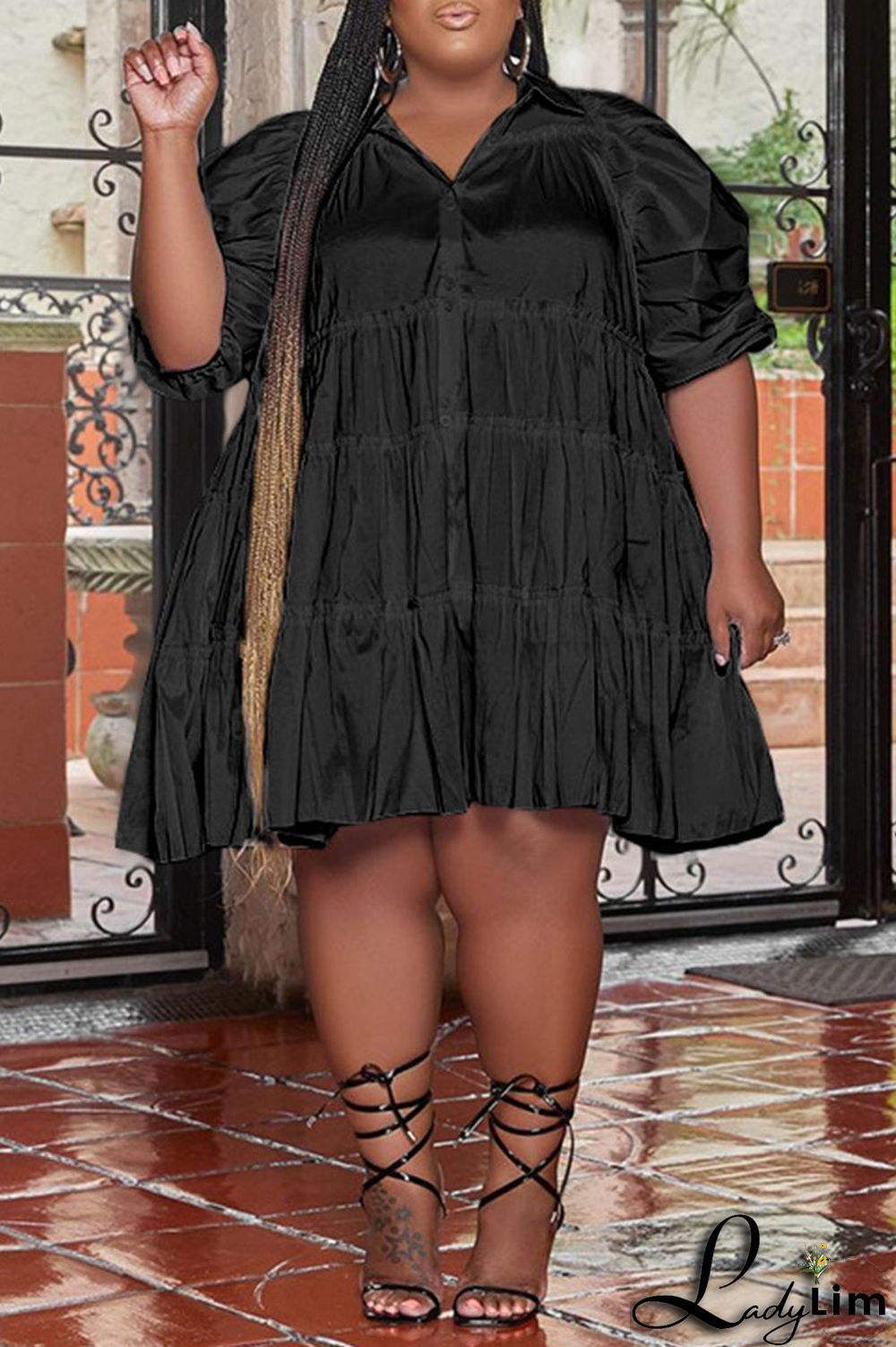 White Casual Sweet Solid Patchwork Buckle Turndown Collar A Line Plus Size Dresses