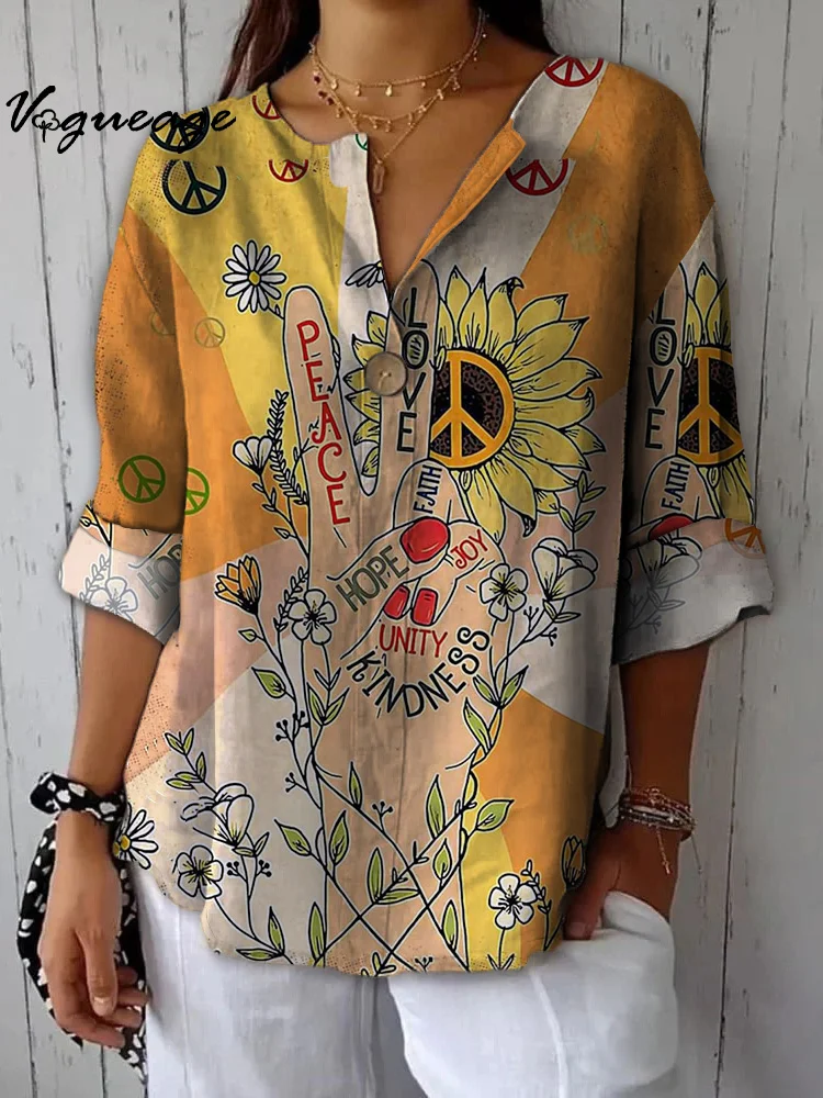 Peace Love Faith Joy Hope  Unity Kindness Printed Cotton And Linen Shirt