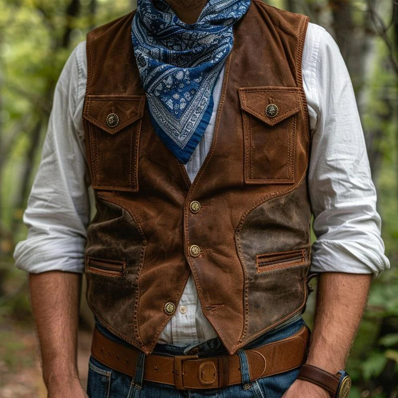 Men's Vintage Suede Stitching Multi-Pocket Single-Breasted Vest