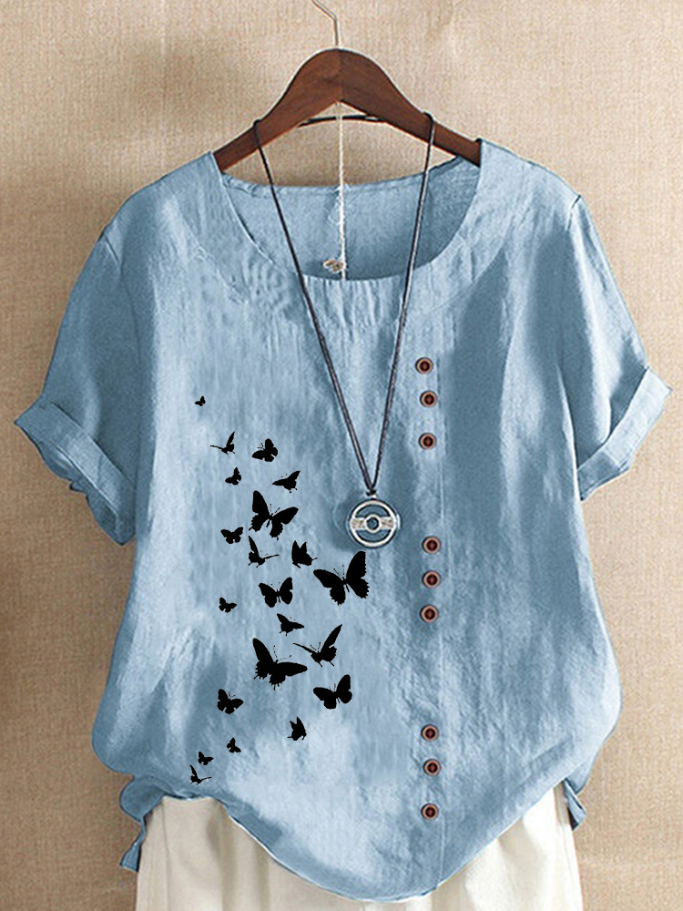 Women's Summer Fashion Casual Linen Round Neck Printed Loose Blouses S-5XL