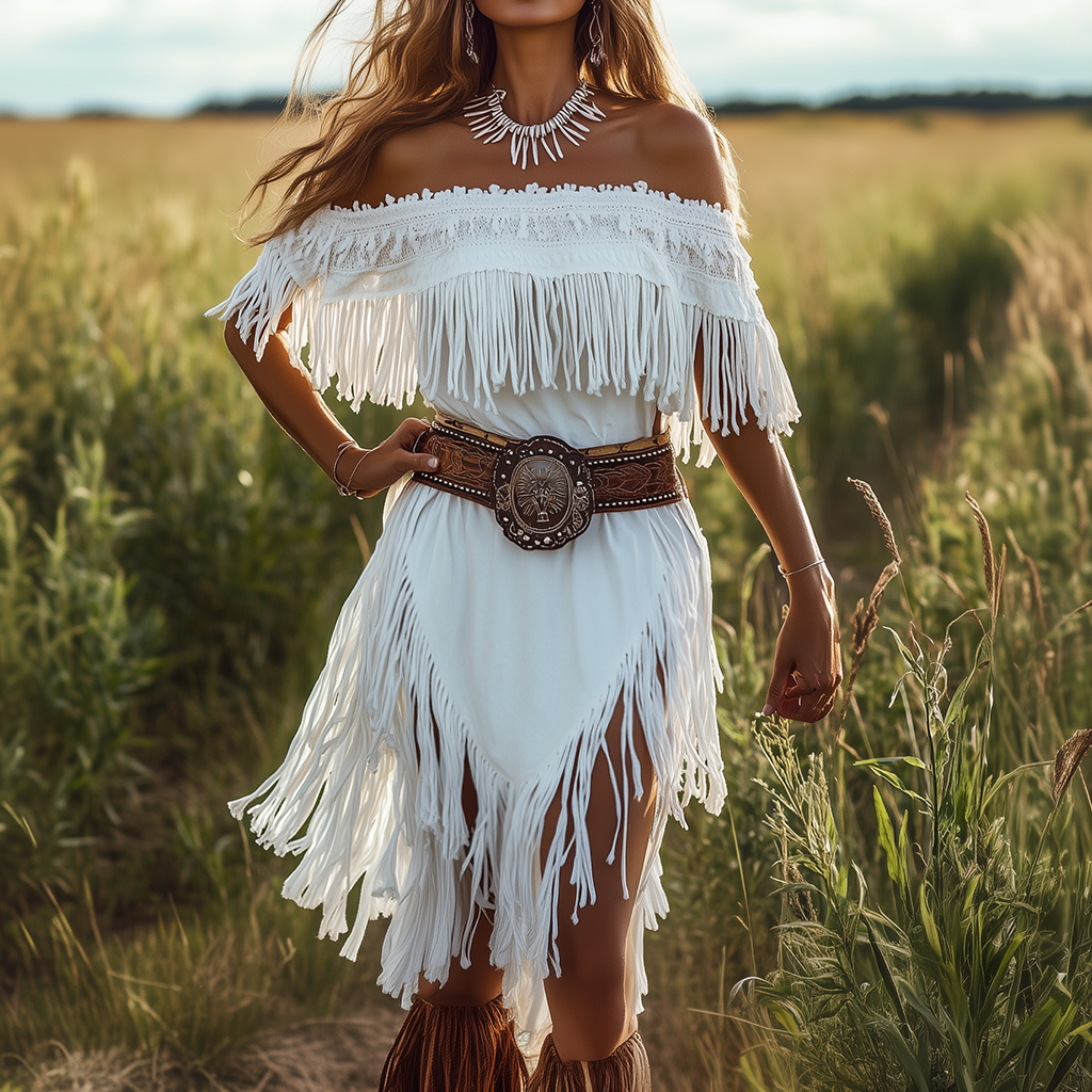 Ursime Off The Shoulder Fringe Irregular Hem Midi Dress
