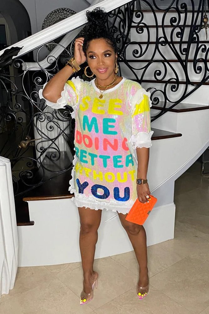 Sequined Letter Print Crew Neck Casual Mini Dresses