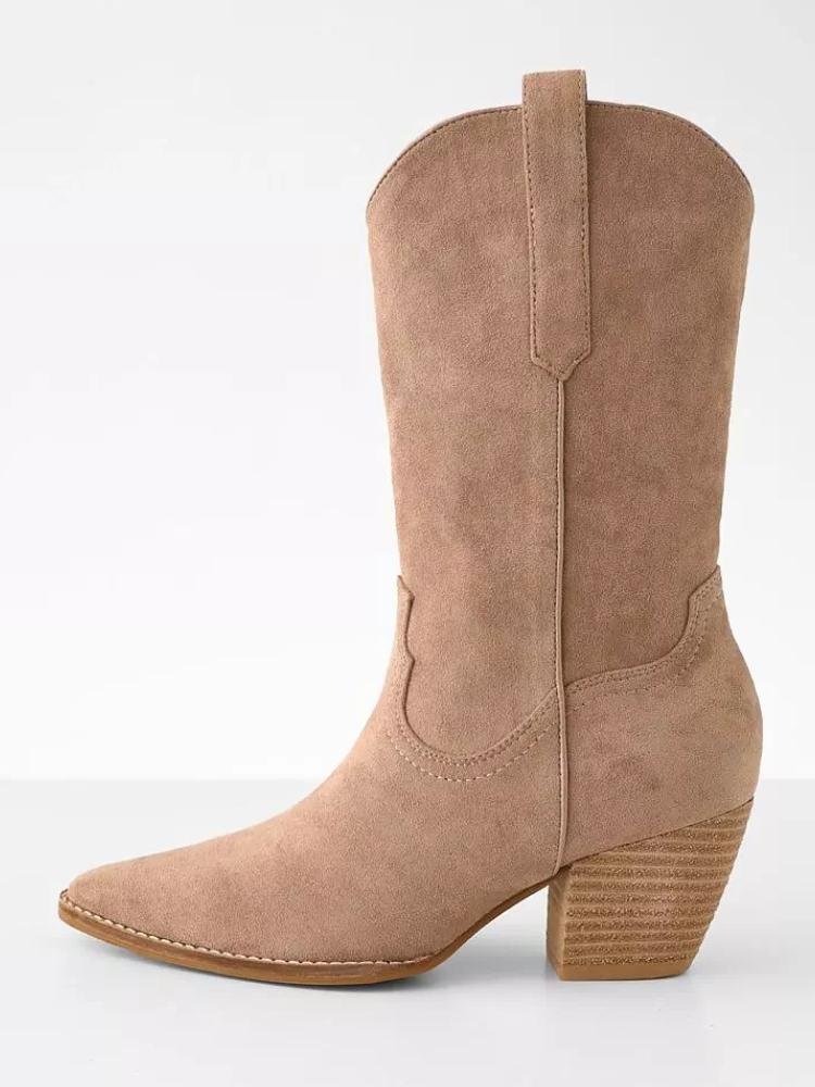 Nude Faux Suede Zipper Round Toe Slanted Heel Cowgirl Mid Calf Boots