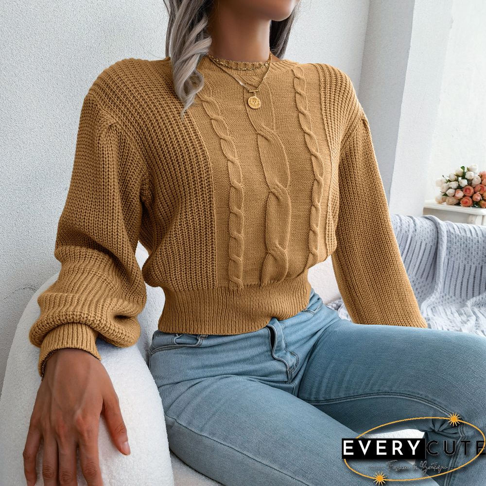 Twist Knit Sweater Pullover For Women Fall New Solid Knitwear Casual Full Balloon Sleeve Waist Skinny Short Sweater