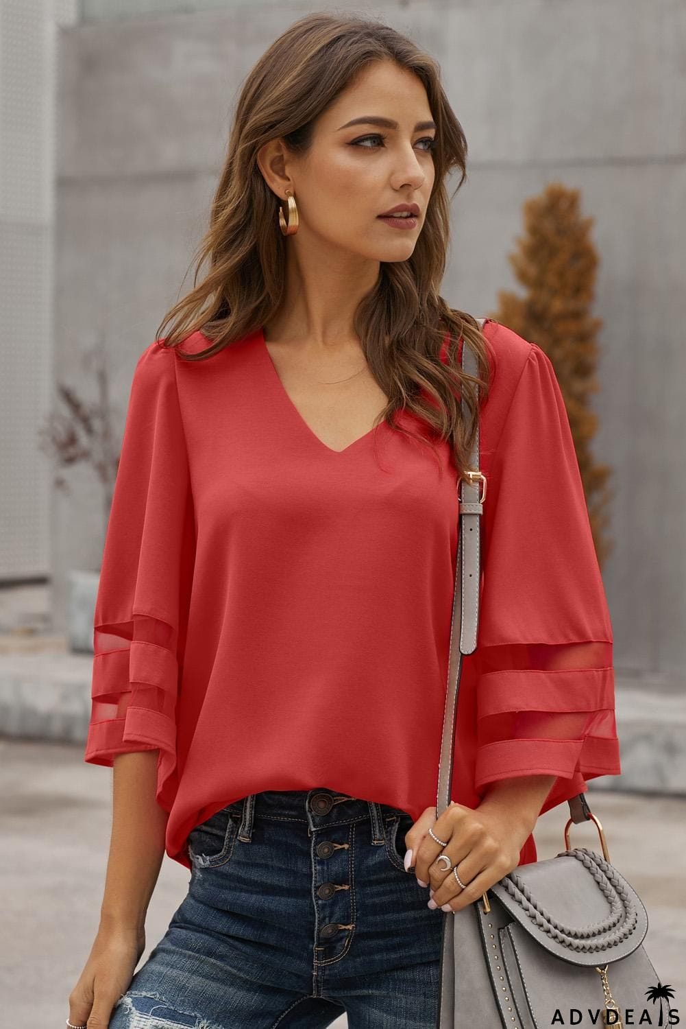 Red Flare Sleeve V Neck Loose Women's Chiffon Blouse
