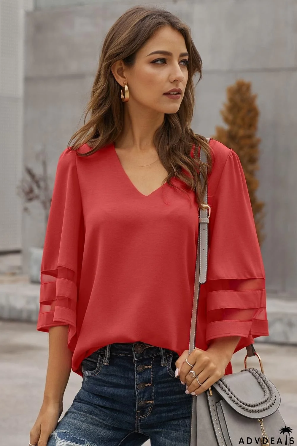 Red Flare Sleeve V Neck Loose Women's Chiffon Blouse