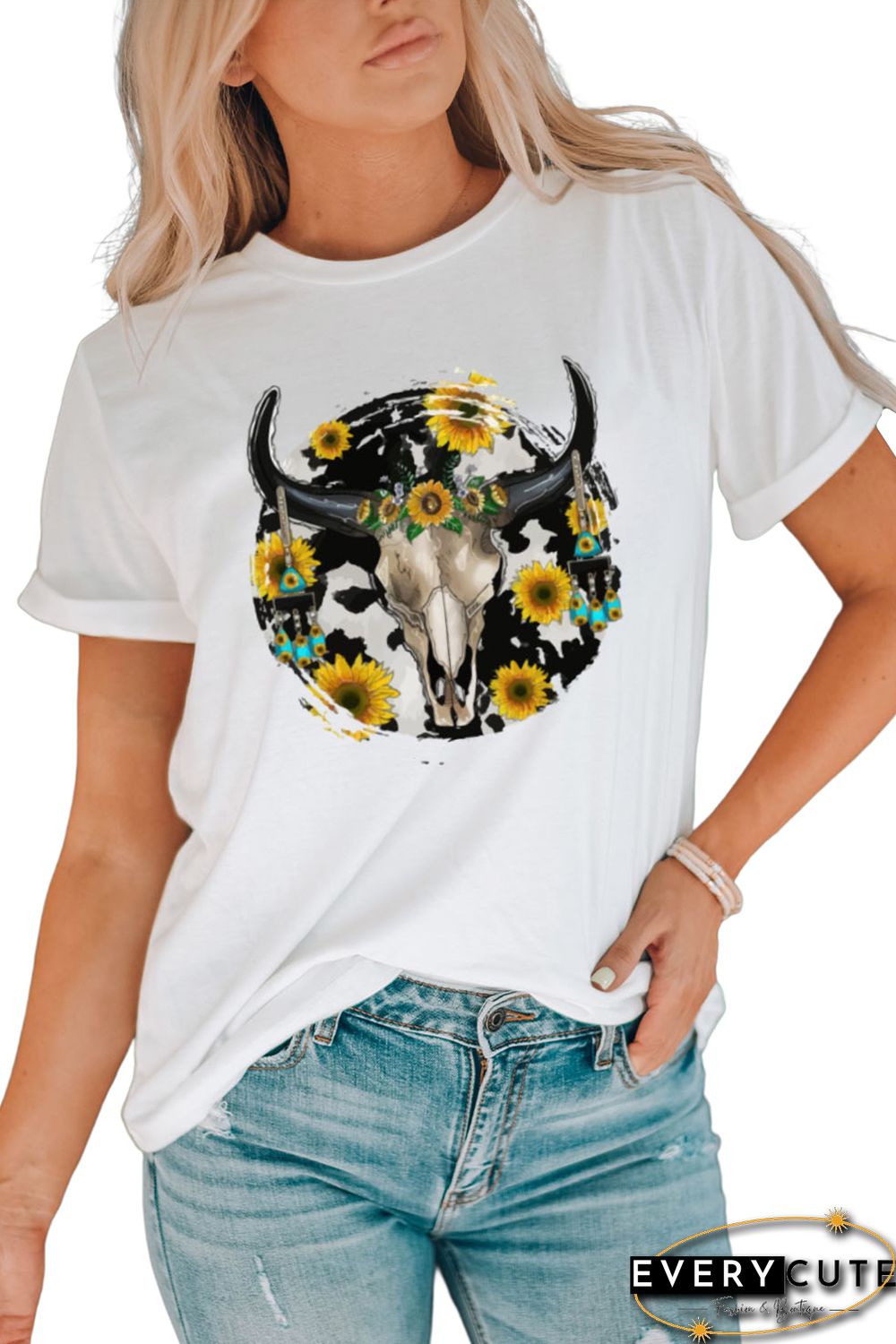 White Bull Skull With Sunflower Western Graphic Tee