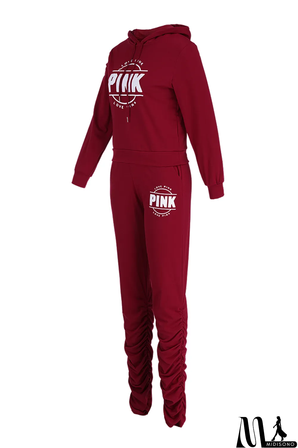 MidiSono - Red Fashion Casual Letter Print Fold Hooded Collar Long Sleeve Two Pieces