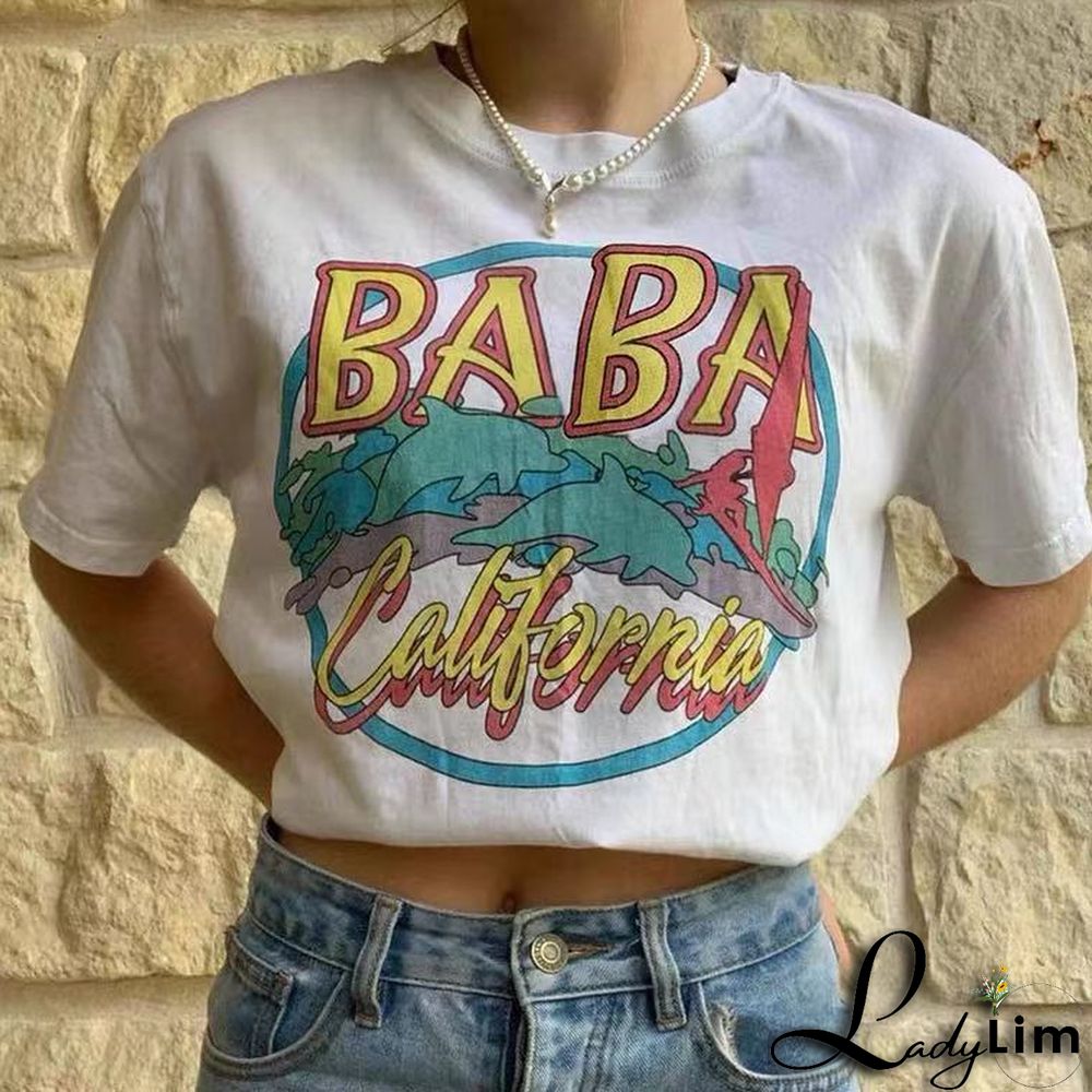 Gothic print Round Neck loose short sleeves t-shirt