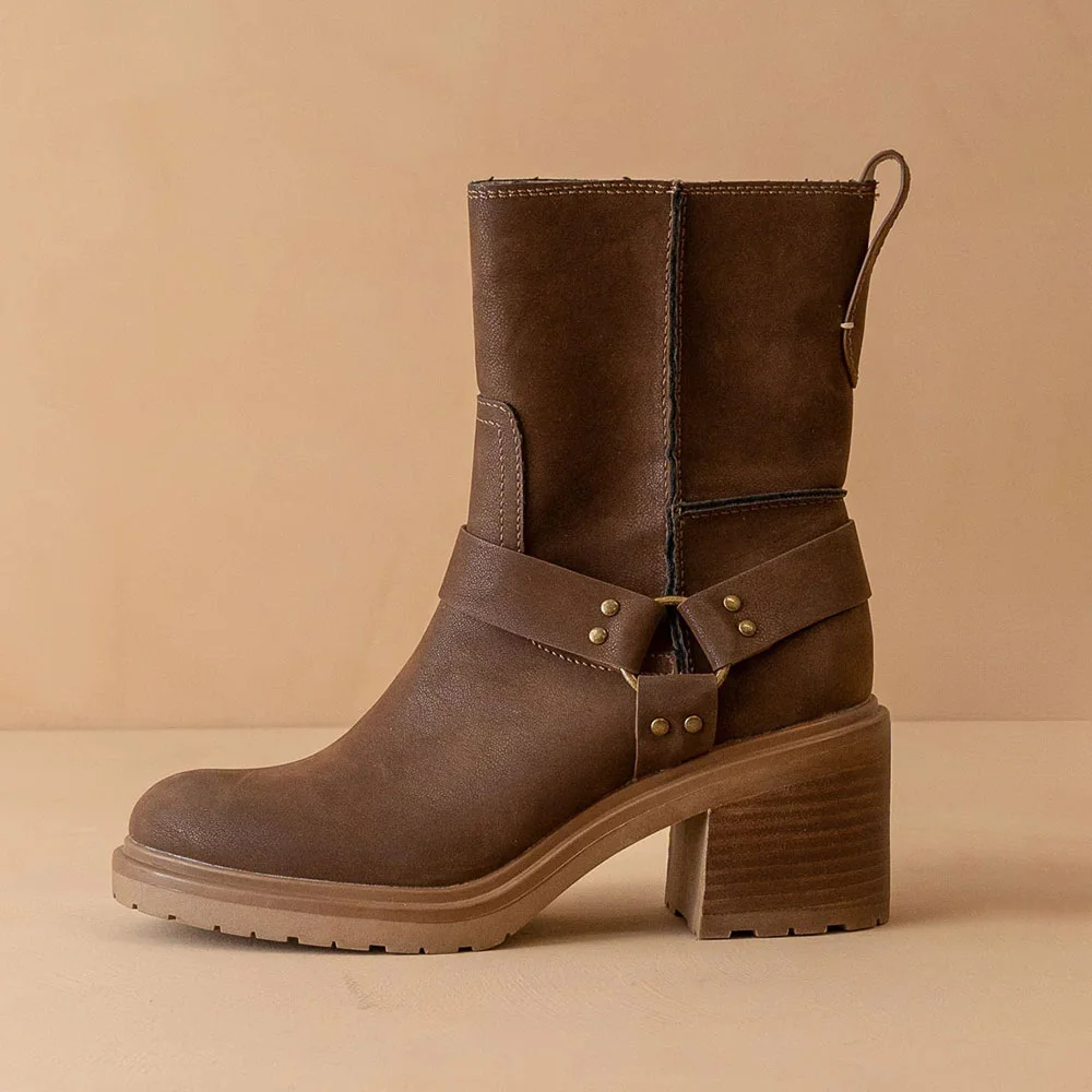 Brown Round Toe Chunky Heel Comfy Buckle Side Zipper Fall Booties