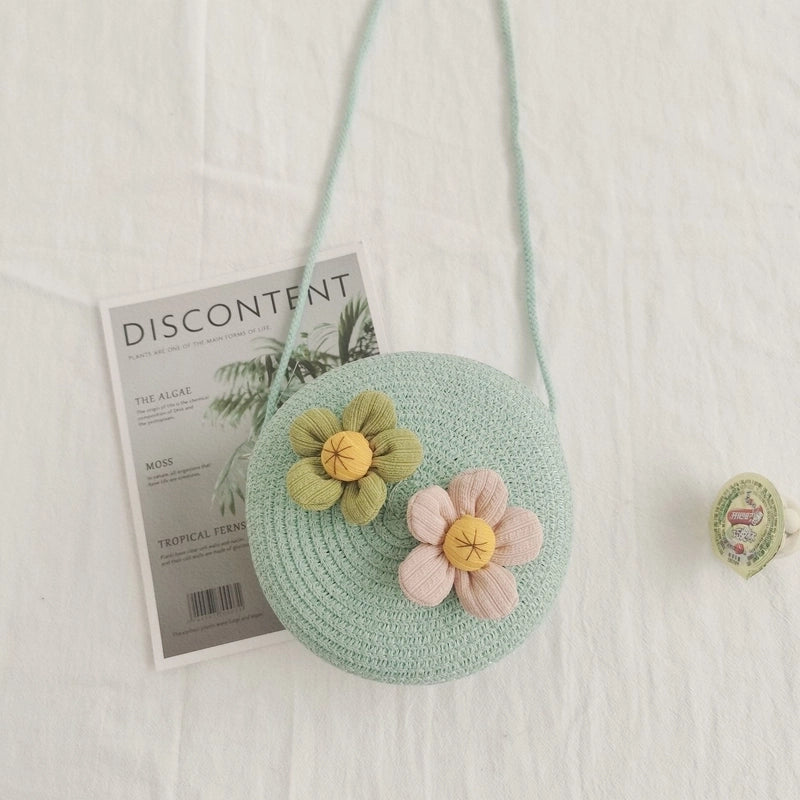 Girl’s Small Straw Flower Bow Knot Cute Round Zipper Crossbody Bag
