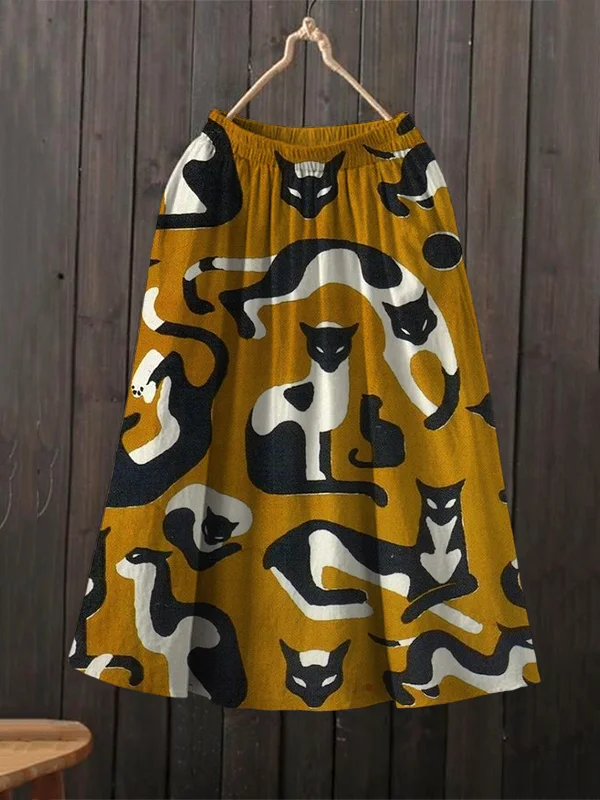 Women's Lazy Cat Color Block Art Print Skirt​