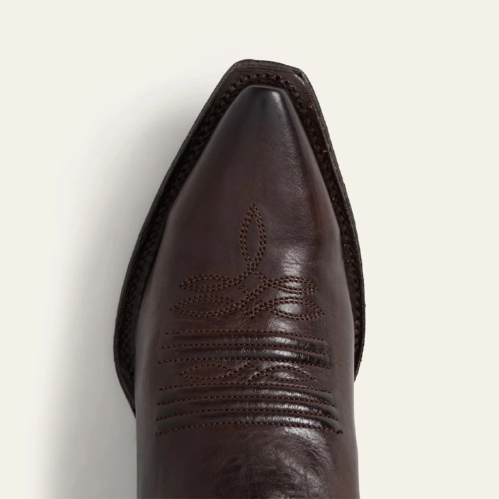 Brown & Tan Leaf Patchwork Inlay Snip Toe Cowboy Boots with Mid Calf