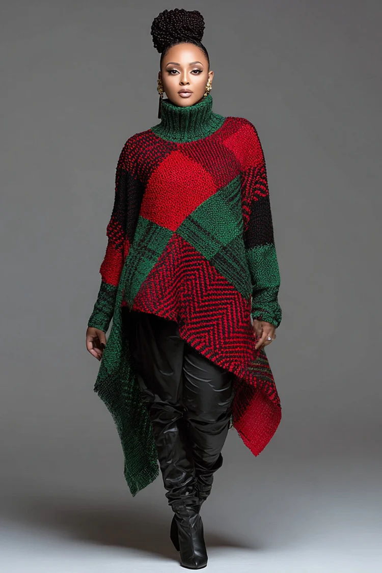 Xpluswear Design Plus Size Christmas Green Colorblock High Collar Long Sleeve Asymmetric Hem Irregular Hem Casual Crochet Sweaters 2024 - Xpluswear
