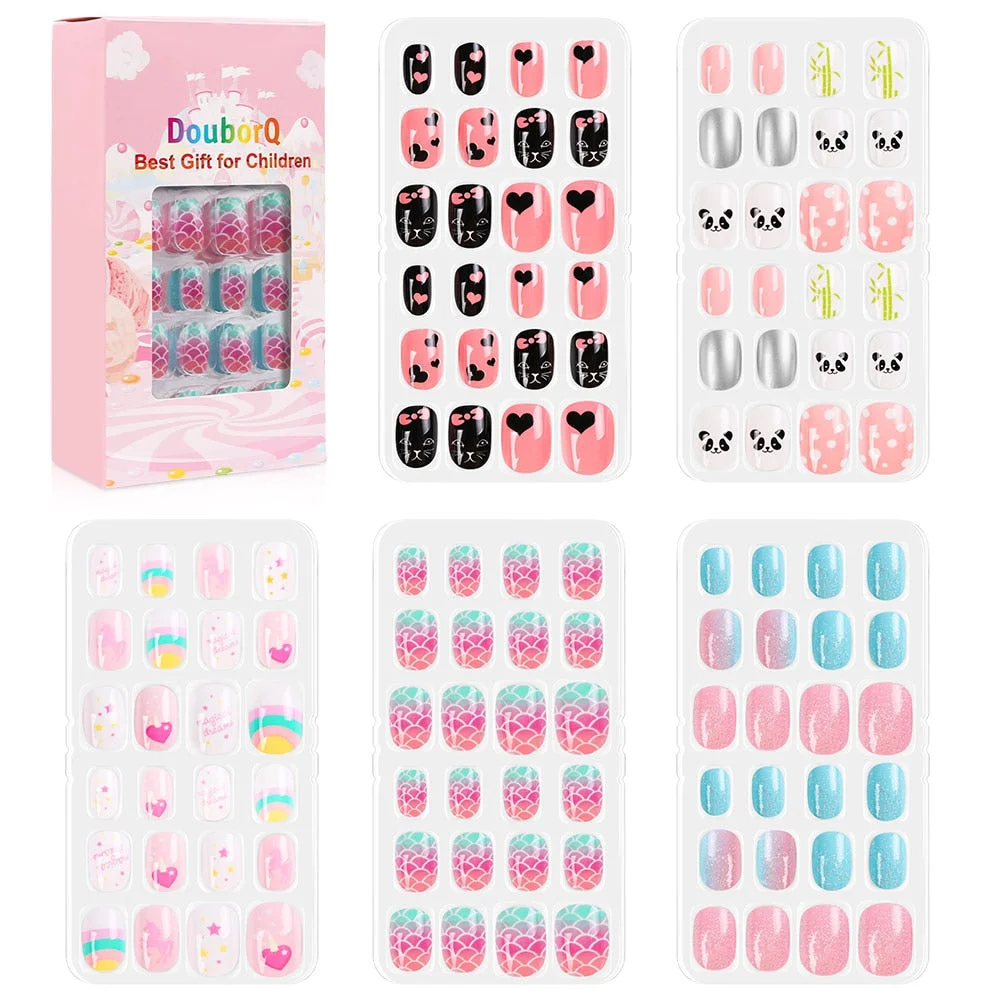 140Pcs Child Nails Kids False Nails Girls Cartoon Press on Fake Nails Colorful Full Cover Nails Cute Short Nail Tips Kits-Nail Inspo
