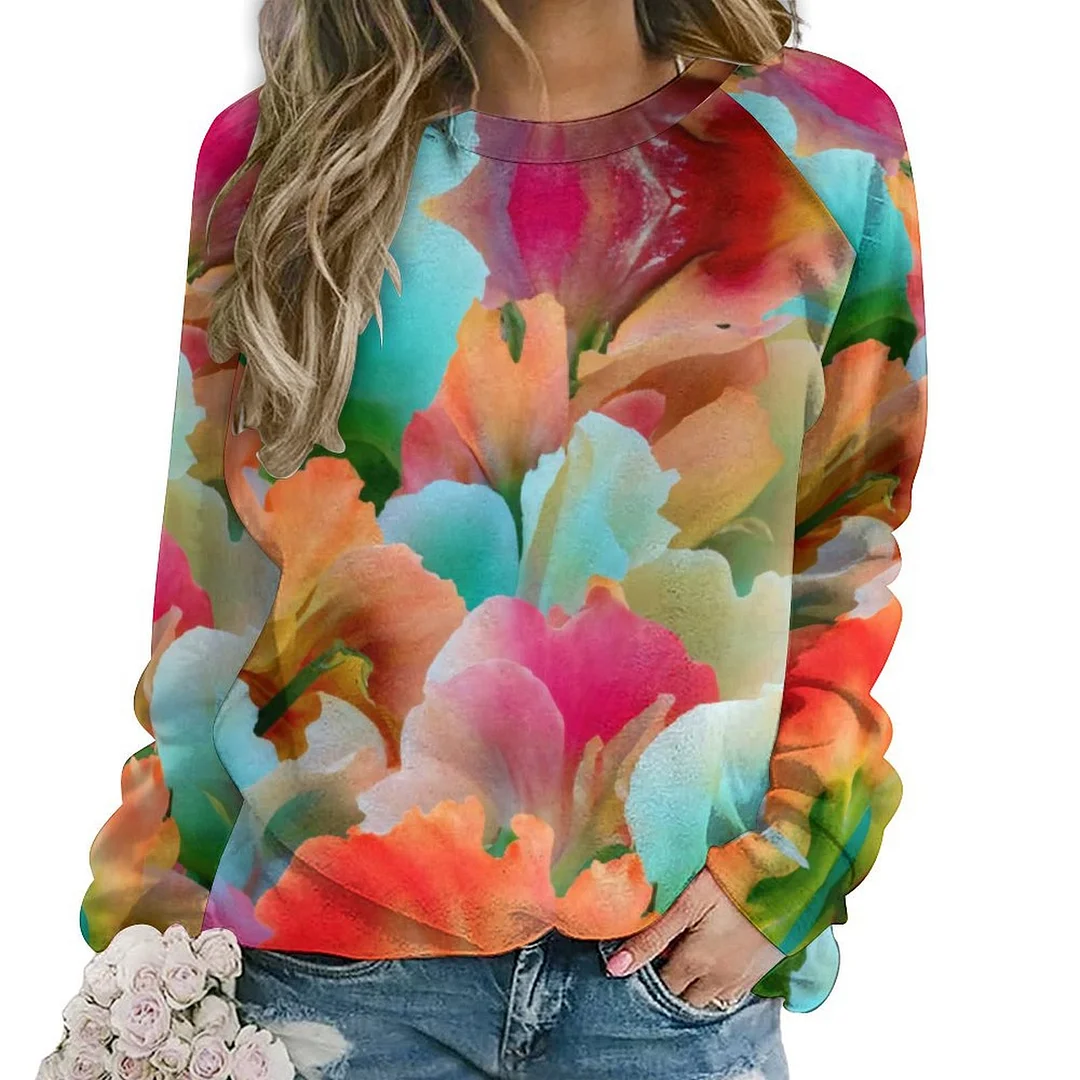 Printed Long Sleeve Casual Sweatshirt for  Women and Men Unisex Pattern Petals, Floral, Blue, Watercolor