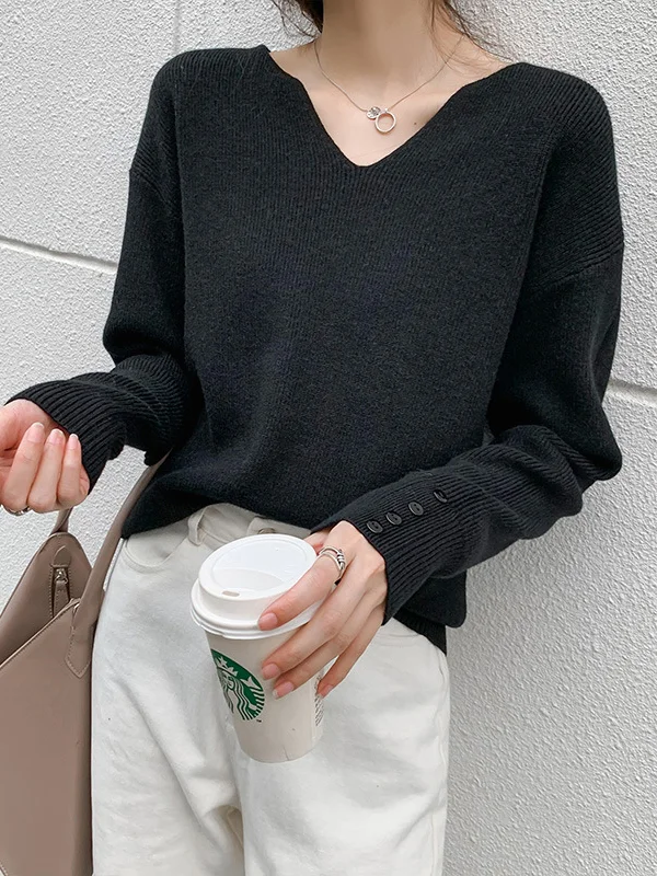 Casual Loose Long Sleeves Solid Color V-Neck Sweater Tops