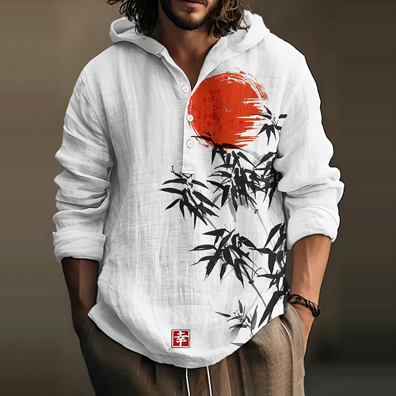 Comstylish Men's Japanese Bamboo Forest & Red Sun Art Print Hooded Shirt