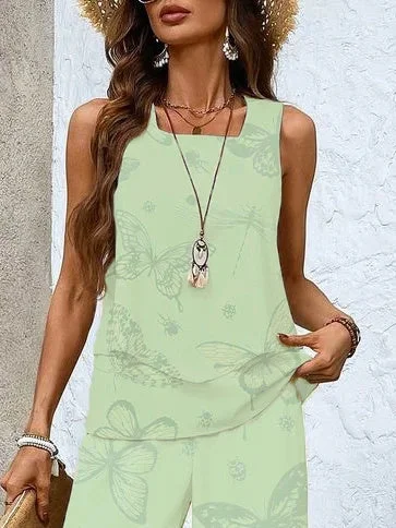 Women's Sleeveless Square Collar Graphic Printed Casual Set