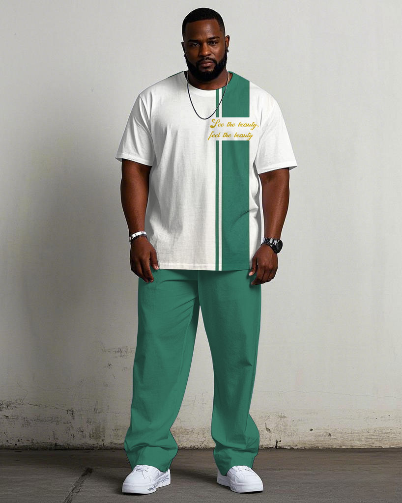Men's Plus Size White & Blue Colorblock Printed Chest Short-sleeved T-shirt Trousers Suit