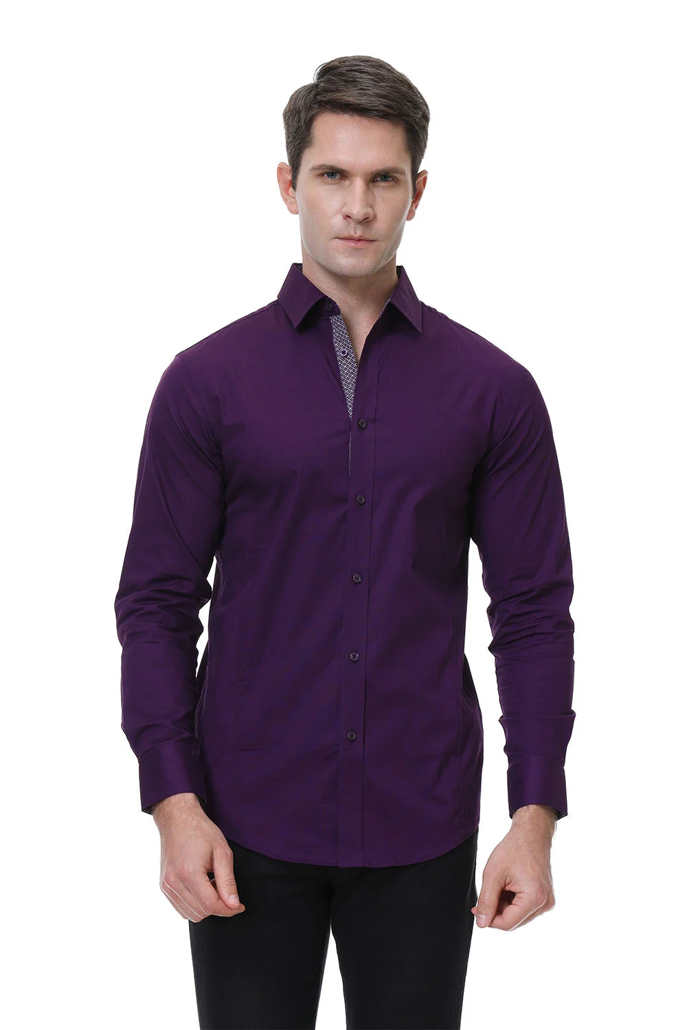 Men's Casual Long Cotton Stretch Shirt Purple Alex Vando Fashion