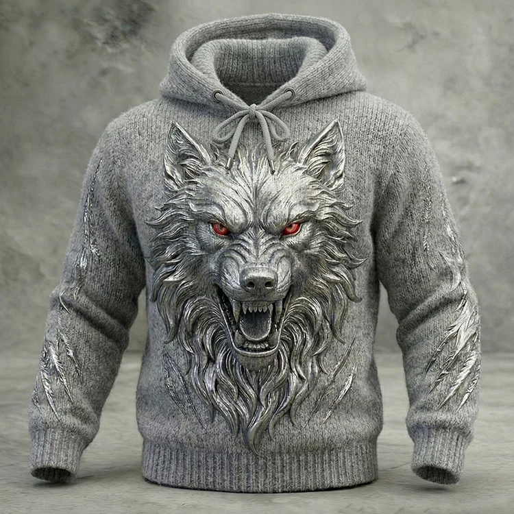 Men's Viking Wolf Pattern Cozy Hooded Sweater