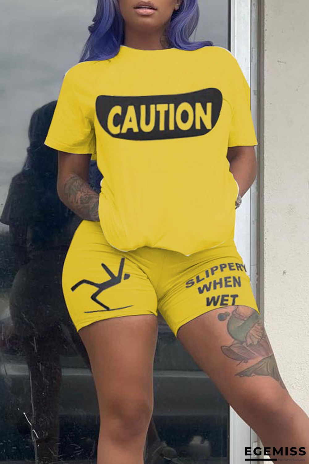 Yellow Casual Print Patchwork O Neck Short Sleeve Two Pieces | EGEMISS