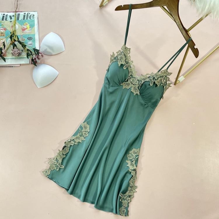 Uaang Lace Satin Nightdress Lady Strap Backless Nighty Gown Summer Sleeveless With Chest Pads Nightgown Sleepshirt Lounge Sleep Dress