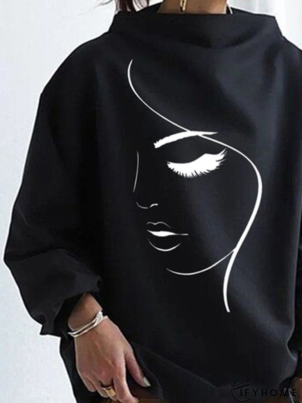 Loose Casual Half Turtleneck Abstract Figure Sweatshirt | IFYHOME