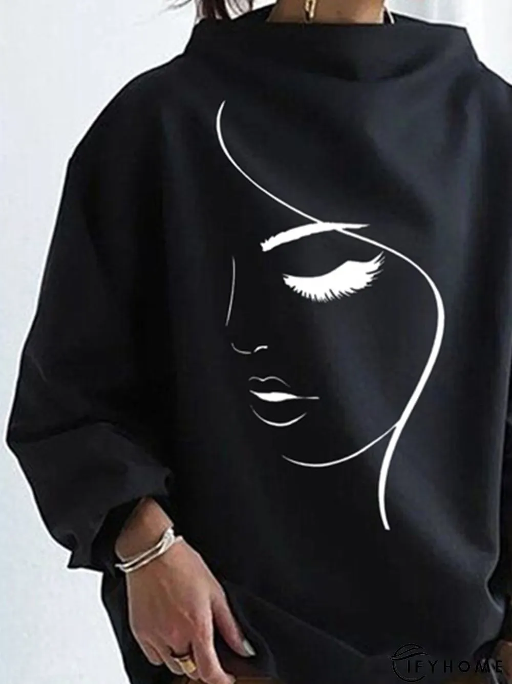 Loose Casual Half Turtleneck Abstract Figure Sweatshirt | IFYHOME