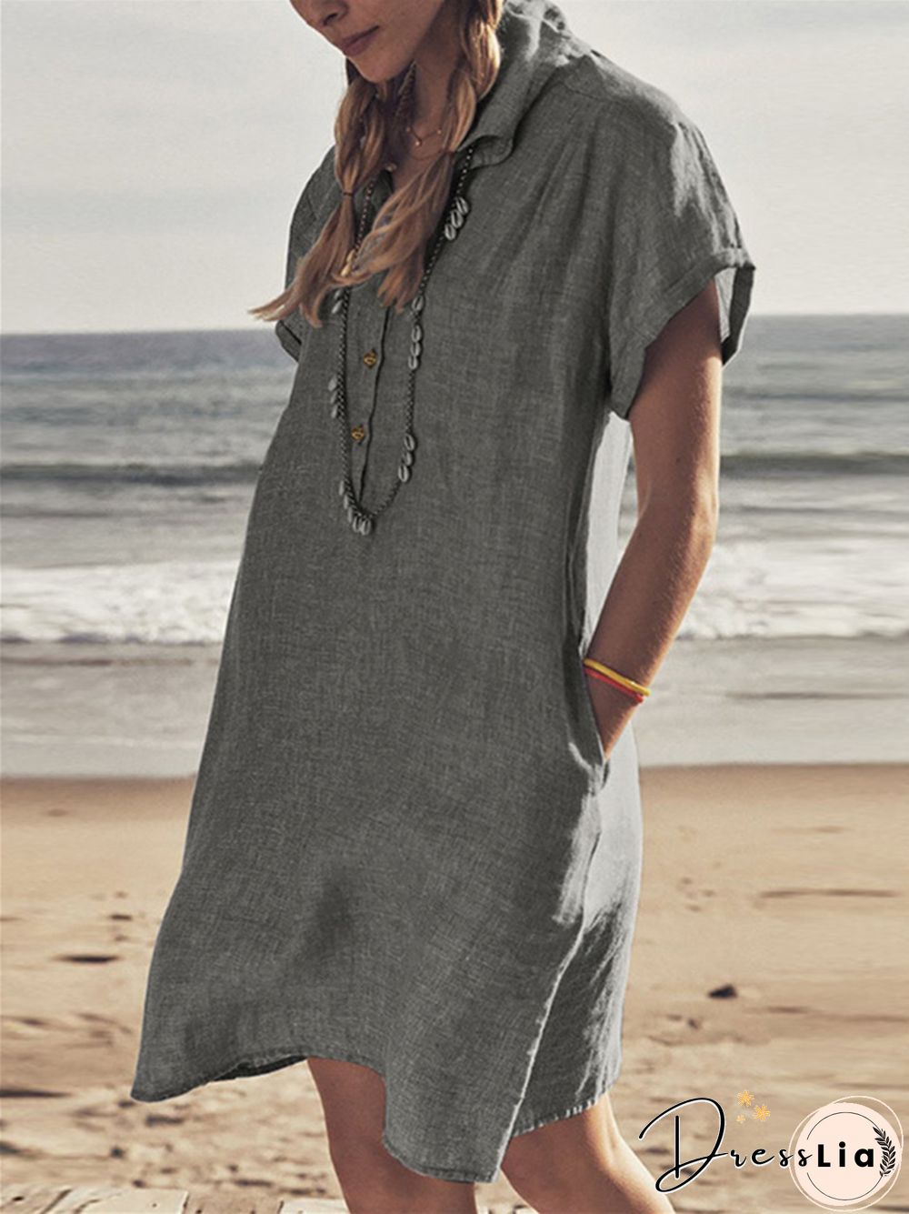 Cotton Linen Shirt Dress Pocket Dress Beach Casual Skirt