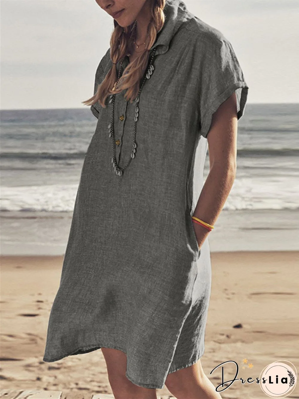 Cotton Linen Shirt Dress Pocket Dress Beach Casual Skirt