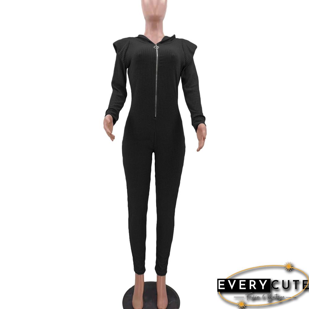 Knitted Long Sleeve Shoulder Padded Hooded Jumpsuit