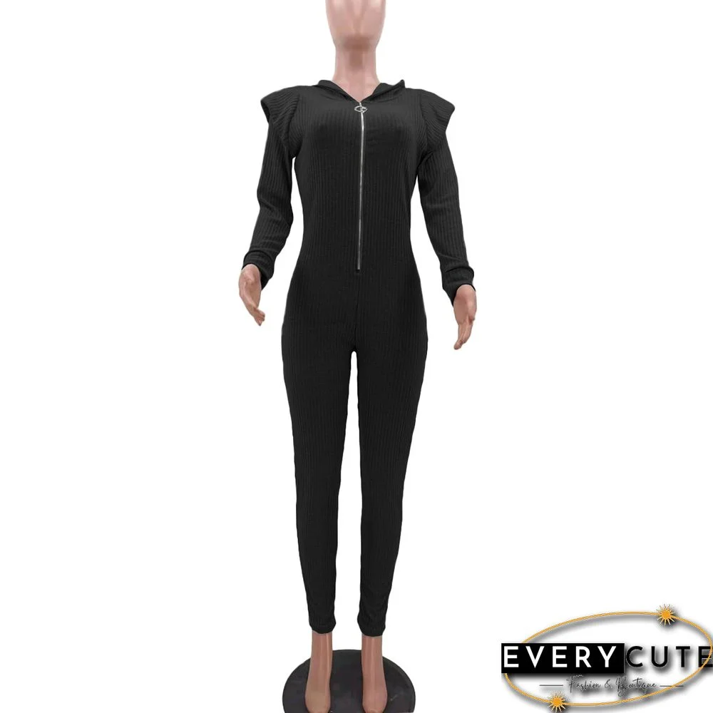 Knitted Long Sleeve Shoulder Padded Hooded Jumpsuit