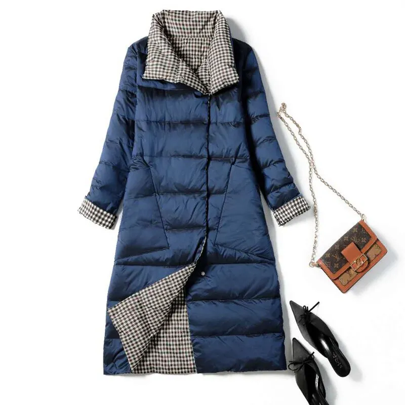 FTLZZ New Autumn Winter Women Double Sided Ultra Light Long Down Coat 90% White Duck Down Parkas Warm Snow Plaid Outwear