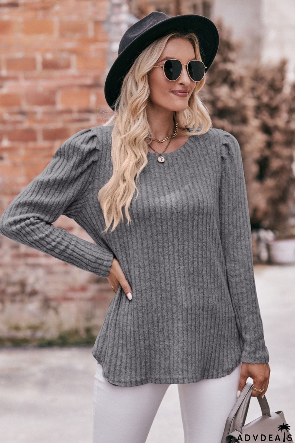 Double Take Round Neck Puff Sleeve Ribbed Top