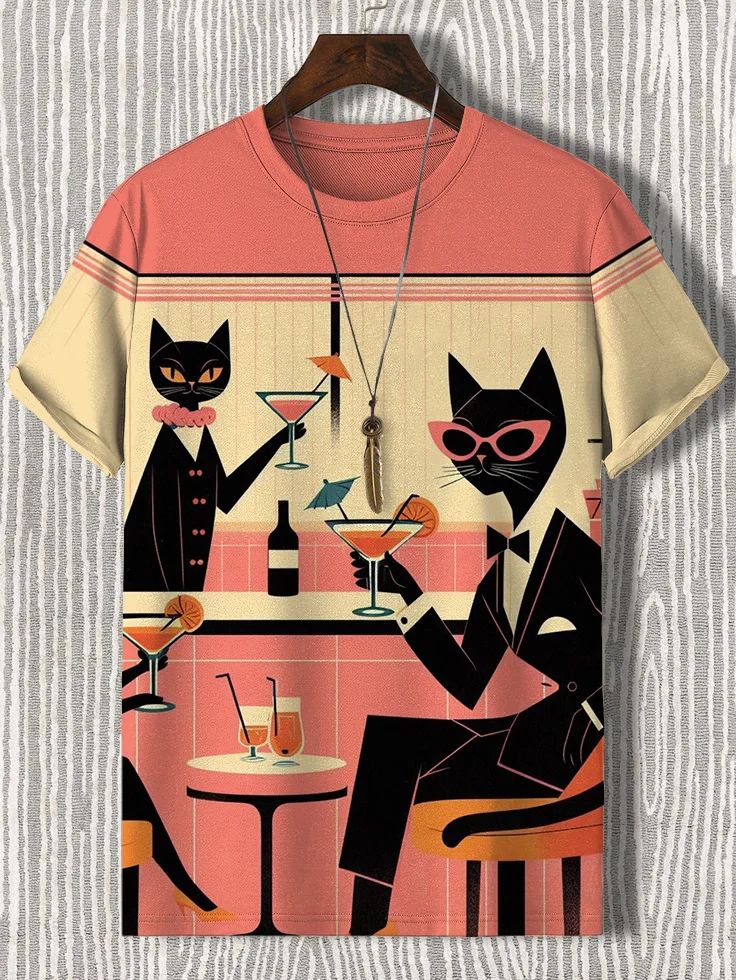 Men's Cats Cocktail Art Print Casual T-Shirt